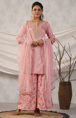 Juniper Women Peach Embroidered Kurta, Pants and Dupatta Set