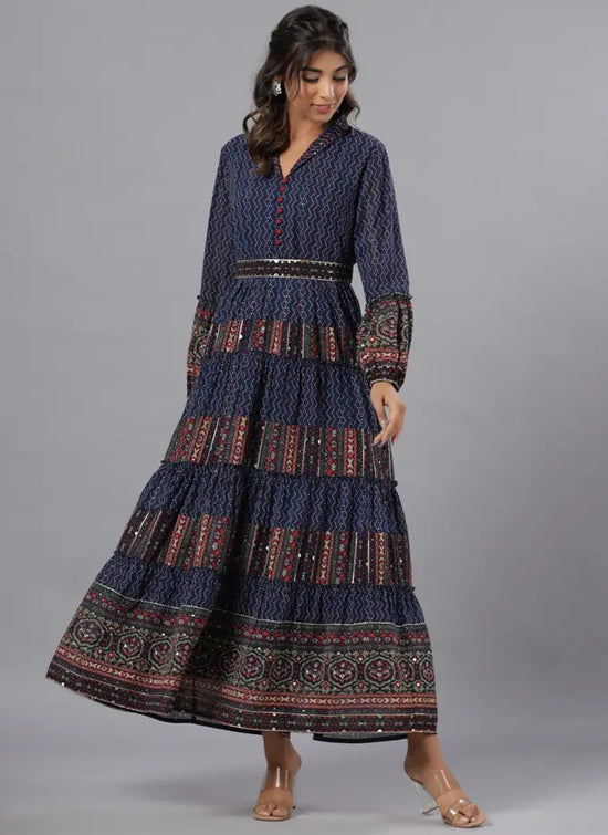 Juniper Women Navy Blue Georgette Printed Maxi Dress