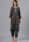 Juniper Women Black Rayon Slub Printed with Embroidered Kurta and Pants Set