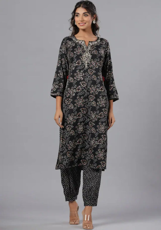 Juniper Women Black Rayon Slub Printed with Embroidered Kurta and Pants Set