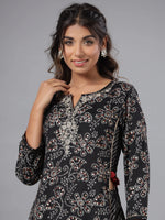 Juniper Women Black Rayon Slub Printed with Embroidered Kurta and Pants Set