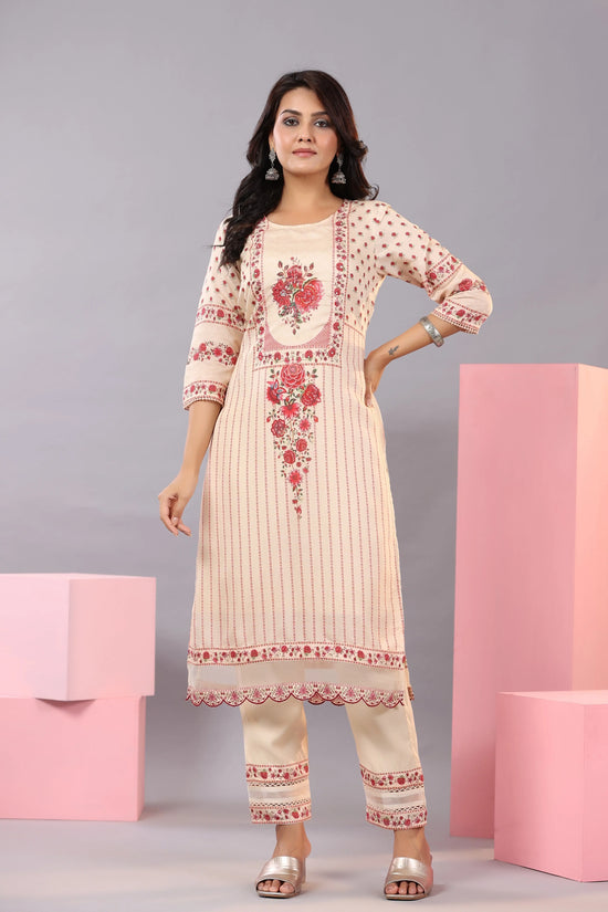 Juniper Women Ecru Muslin Floral Printed Kurta, Pants and Dupatta Set