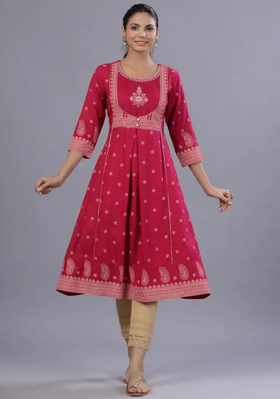 Juniper Women Fuchsia Rayon Printed A-Line Kurta