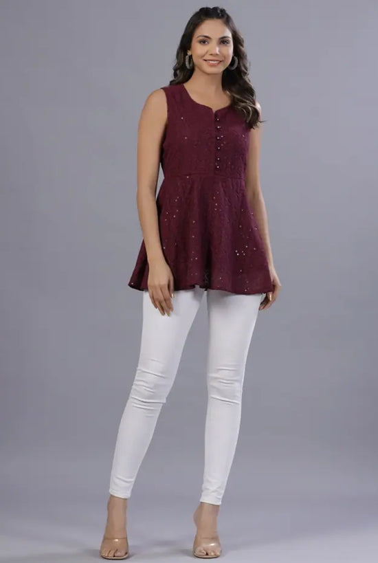 Juniper Women Wine Georgette Embroidered Peplum Tunic