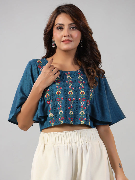 Juniper Women Blue Rayon Embroidered Crop Top