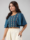 Juniper Women Blue Rayon Embroidered Crop Top