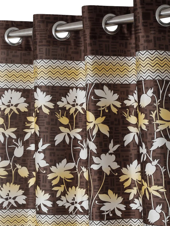 Home Sizzler 2 Piece Flower Border Panel Eyelet Polyester Window Curtains - 5 Feet, Brown