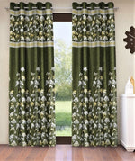 Home Sizzler 2 Piece Flower Border Panel Eyelet Polyester Long Door Curtains - 9 Feet, Green