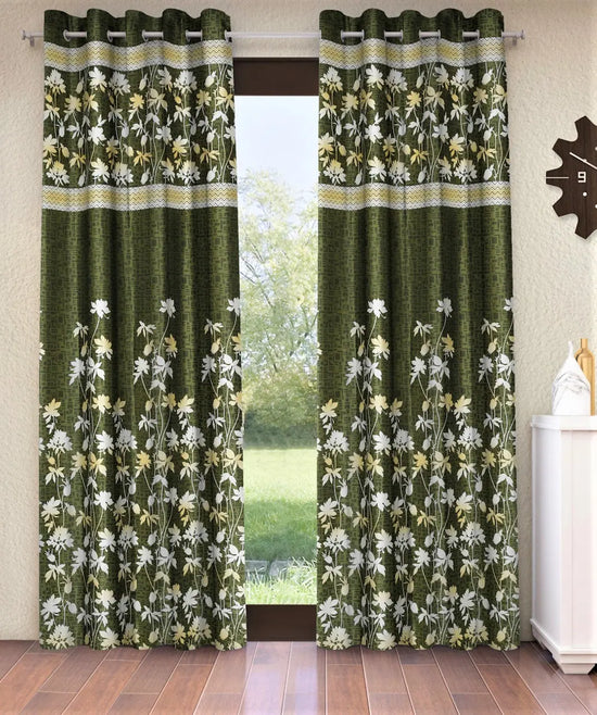 Home Sizzler 2 Piece Flower Border Panel Eyelet Polyester Long Door Curtains - 9 Feet, Green