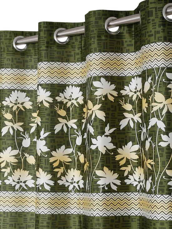 Home Sizzler 2 Piece Flower Border Panel Eyelet Polyester Long Door Curtains - 9 Feet, Green