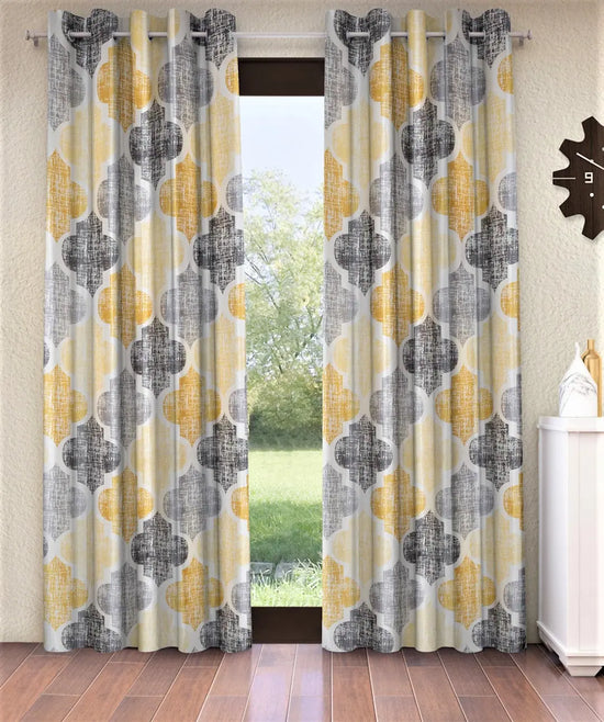 Home Sizzler 2 Piece Moroccan Motif Eyelet Glace Cotton Long Door Curtains - 9 Feet, Yellow