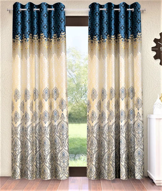 Home Sizzler 2 Piece Ethnic Motif Border Panel Eyelet Polyester Door Curtain - 7 Feet, Blue