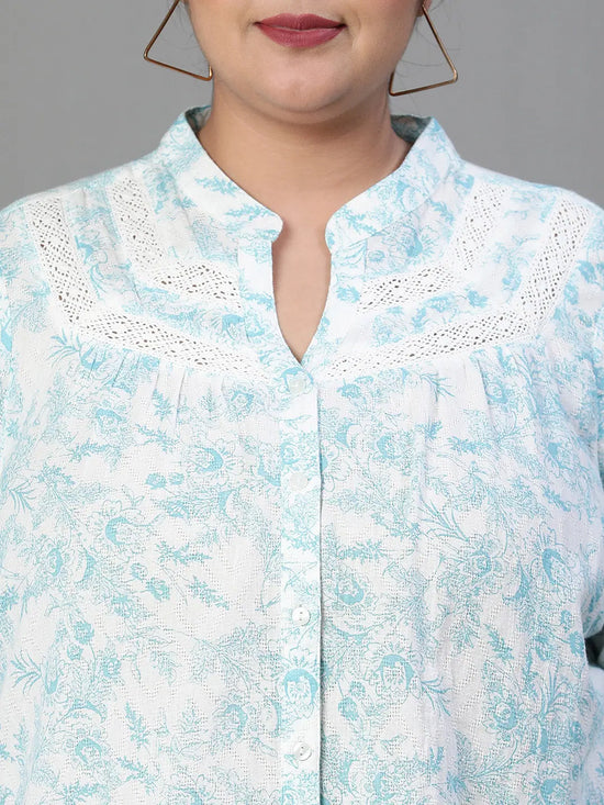 Women plus size floral print mandrain collared with button tab sleeve green cotton shirt