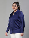 Women plus size collared satin navy blue shirt