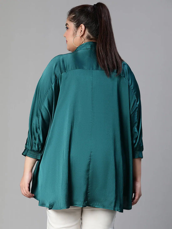 Women plus size collared soild green baggy style green shirt