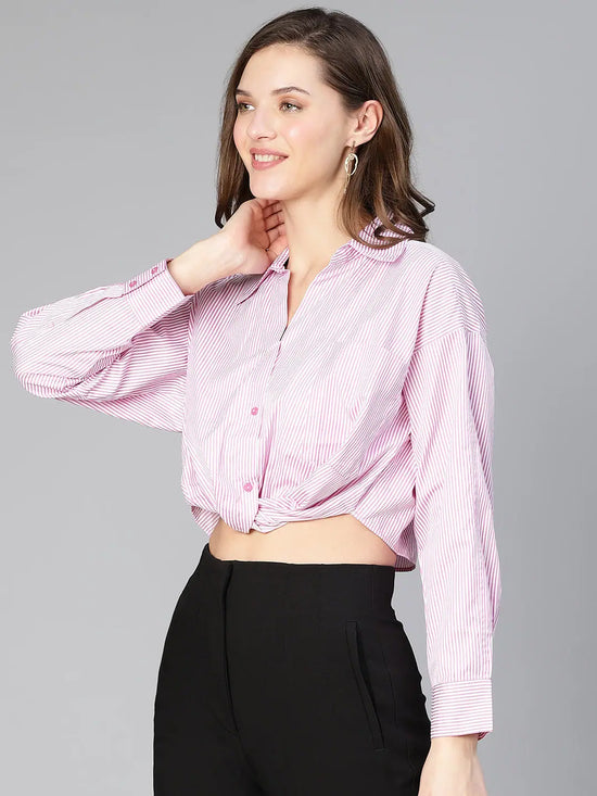 Women pink stripe print open collared cotton crop shirt