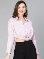 Women pink stripe print open collared cotton crop shirt