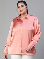 Women plus size collared satin pink shirt