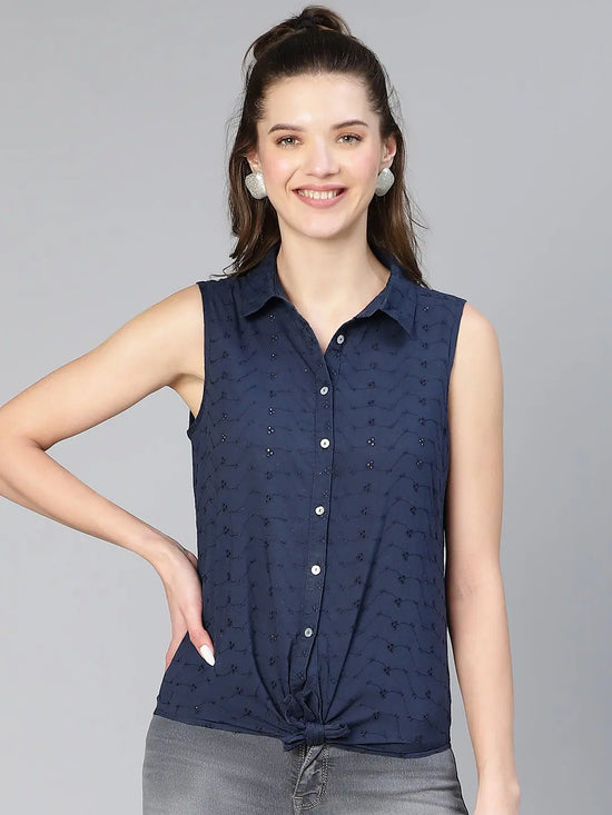 Women blue schiffli tie -knotted cotton shirt