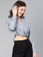 Women grey stripe print open collared cotton crop shirt