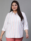 Women plus size stripe print button tab sleeve multicolor cotton shirt