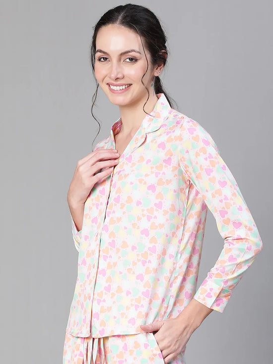 Women floral print collared multicolor nightwear shirt