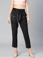 Women soild black elasticated zip detail satin pants