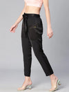 Women soild black elasticated zip detail satin pants