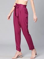 Women solid maroon elasticated & tie-knotted viscose pant