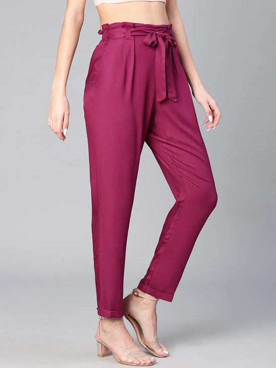 Women solid maroon elasticated & tie-knotted viscose pant