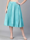 Women solid blue dupion silk pleated & elasticated skirt