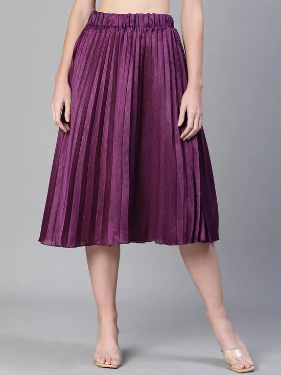 Women purple pleated & elasticated dupion silk skirt