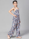 Girl floral print multicolor elasticatd shoulder strap jumpsuit