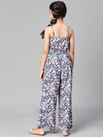 Girl floral print multicolor elasticatd shoulder strap jumpsuit