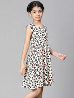 Girl animal print beige sleevless round neck dress