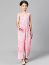 Girl check print pink elasticatd shoulder strap jumpsuit