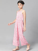 Girl check print pink elasticatd shoulder strap jumpsuit