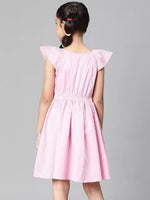 Girl pink stripe print round neck cotton dress