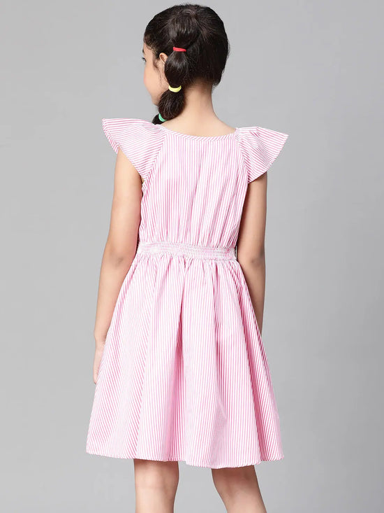 Girl pink stripe print round neck cotton dress