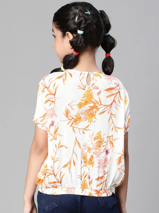 Girl floral print orange round neck elasticated top