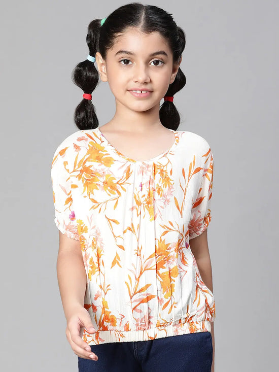 Girl floral print orange round neck elasticated top