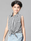 Girl check print black collared tie-up cotton girl shirt