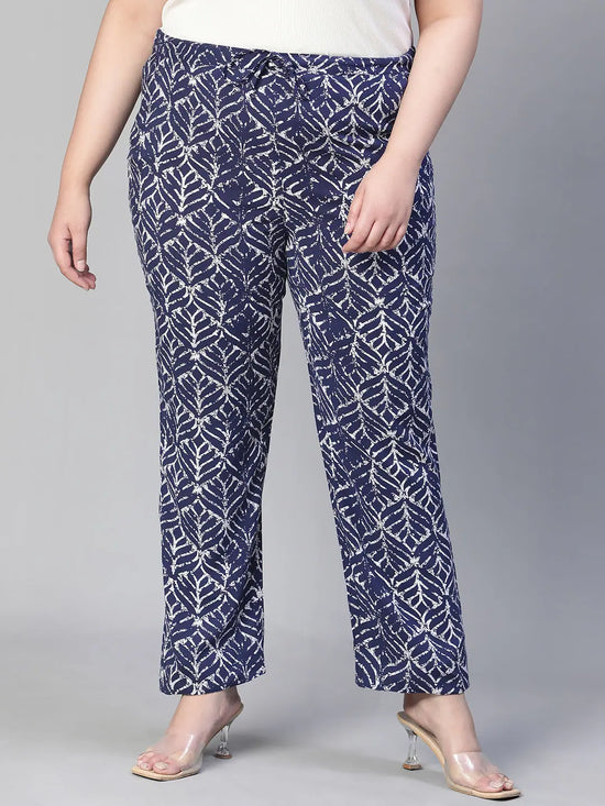 Women floral print elasticated blue tie-knot plus size pant