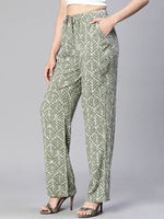 Women light green printed elasticatedwith tie-up flared pant