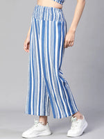 Women blue stripe print elasticated high waist pant