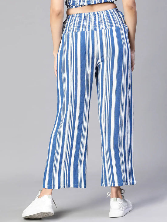 Women blue stripe print elasticated high waist pant