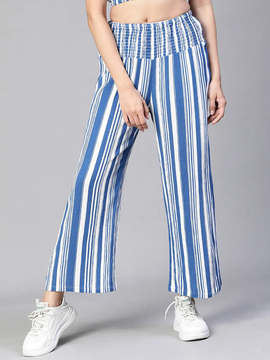 Women blue stripe print elasticated high waist pant