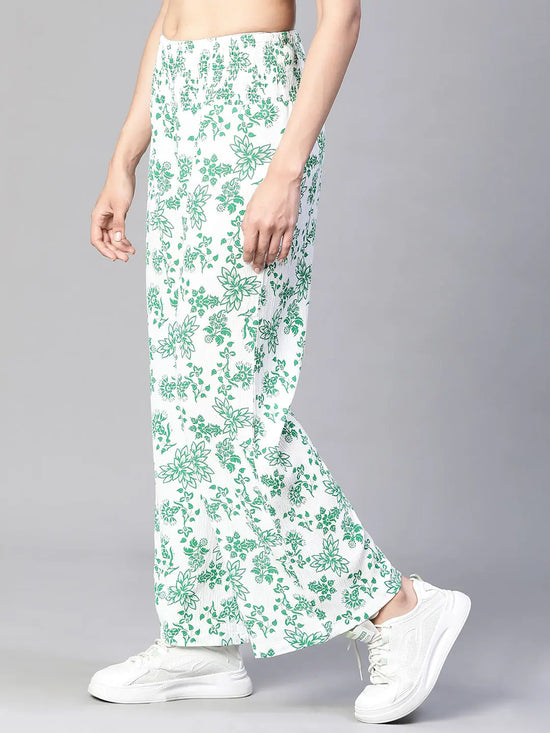 Women green floral print elasticated high waist pant