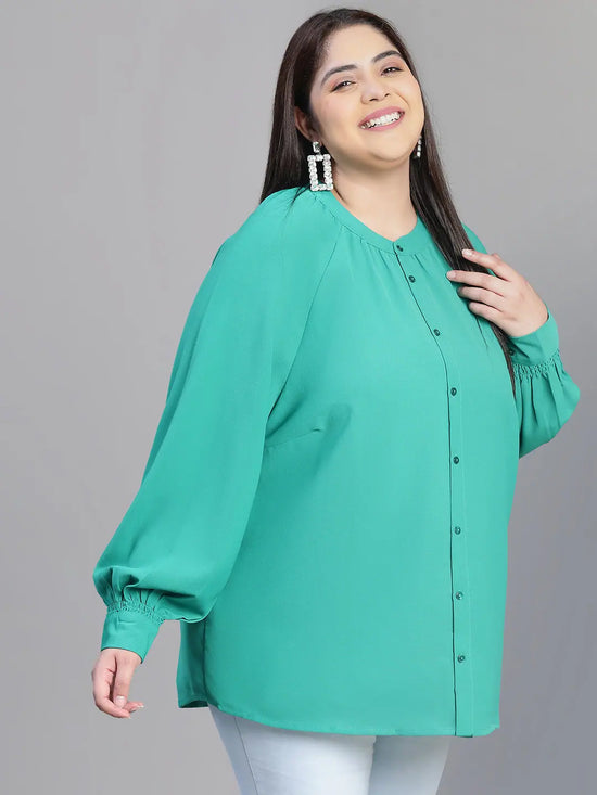 Women green round neck long sleeve plus size shirt