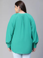 Women green round neck long sleeve plus size shirt